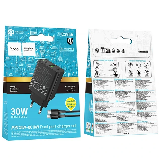 Мережевий зарядний пристрій HOCO CS95A Leader PD30W+QC3.0 charger set(C to C) Black — фото 7