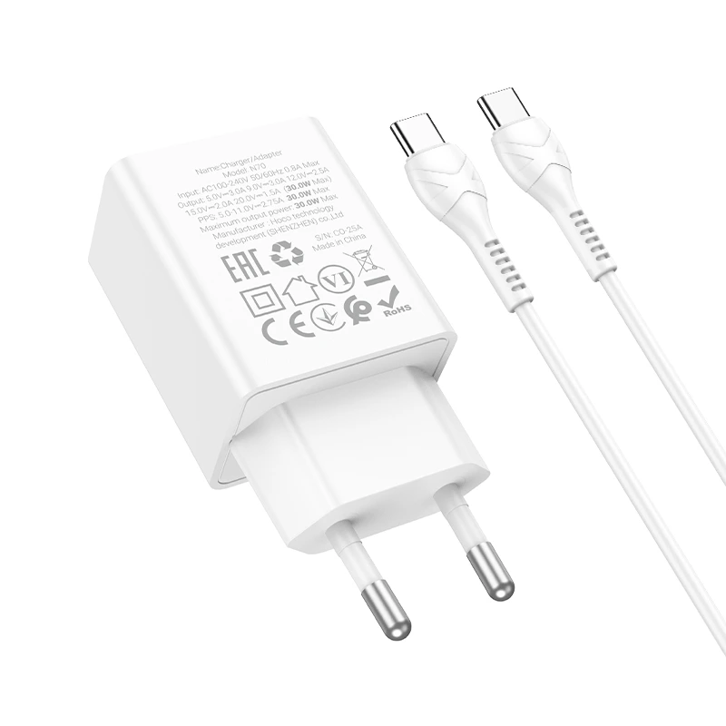 Мережевий зарядний пристрій HOCO N70 Nuevo single port PD30W charger set(C to C) White — фото 4