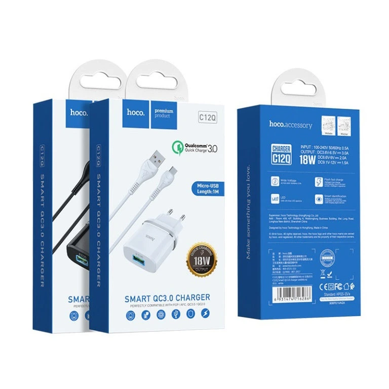 Мережевий зарядний пристрій з кабелем HOCO C12Q Smart QC3.0 charger set(Micro) 18W White