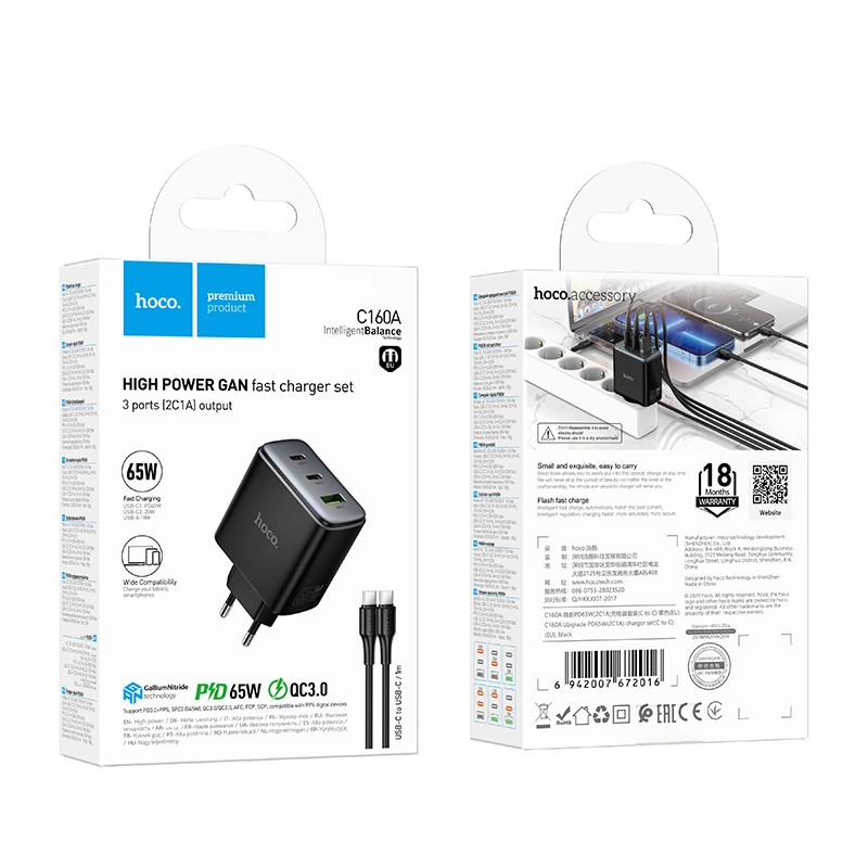 Мережевий зарядний пристрій з кабелем HOCO C160A Upgrade PD65W(2C1A) charger set(C to C) Black — фото 2