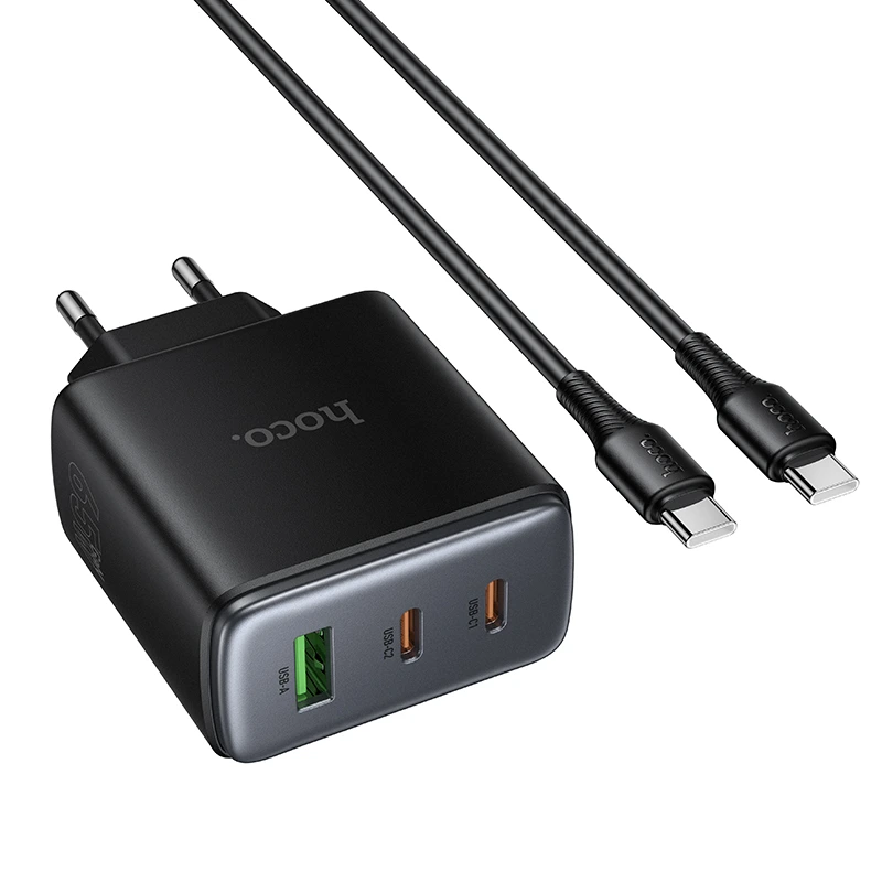 Мережевий зарядний пристрій з кабелем HOCO C160A Upgrade PD65W(2C1A) charger set(C to C) Black — фото 3