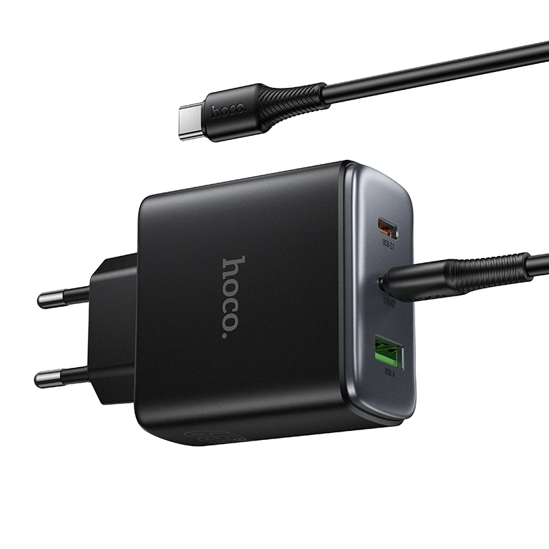 Мережевий зарядний пристрій з кабелем HOCO C160A Upgrade PD65W(2C1A) charger set(C to C) Black — фото 6