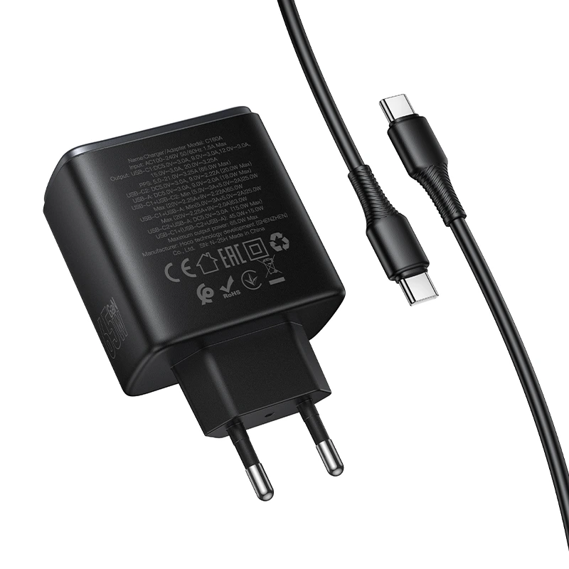 Мережевий зарядний пристрій з кабелем HOCO C160A Upgrade PD65W(2C1A) charger set(C to C) Black — фото 7