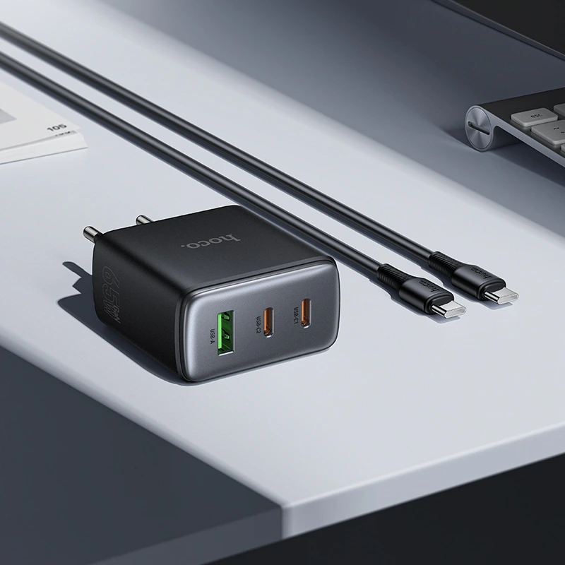 Мережевий зарядний пристрій з кабелем HOCO C160A Upgrade PD65W(2C1A) charger set(C to C) Black — фото 9