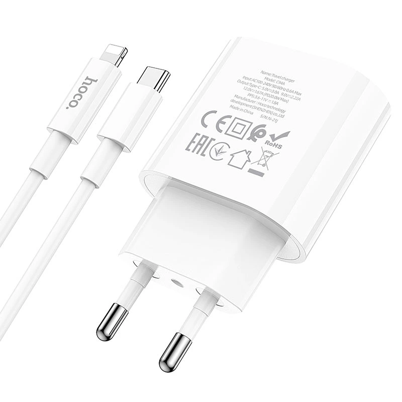 Мережевий зарядний пристрій з кабелем HOCO C94A Metro single port PD20W charger set(C to iP) White — фото 3