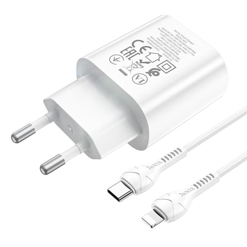 Мережевий зарядний пристрій з кабелем HOCO N22 Jetta PD25W charger set (Type-C to iP)(EU) White — фото 5