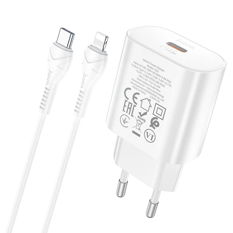 Мережевий зарядний пристрій з кабелем HOCO N22 Jetta PD25W charger set (Type-C to iP)(EU) White — фото 6