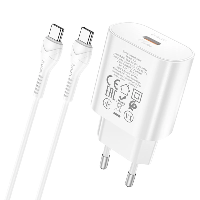 Мережевий зарядний пристрій з кабелем HOCO N22 Jetta PD25W charger set(Type-C to Type-C)(EU) White — фото 4