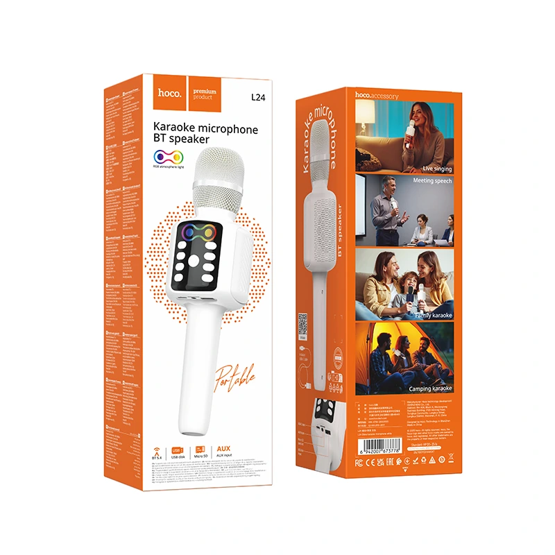 Портативна колонка-мікрофон HOCO L24 Shine karaoke microphone, 5W, White