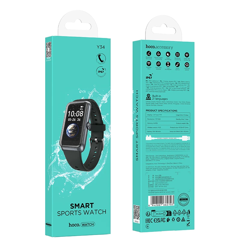 Смарт-годинник HOCO Y34  37mm. 180 mAh. IP67 Smart sports watch(call version) Black