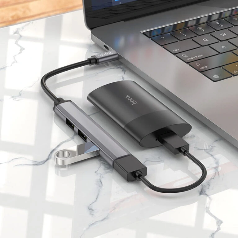 USB-хаб HOCO HB26 4 in 1 adapter(Type-C to USB3.0+USB2.0*3) Metal Gray — фото 4