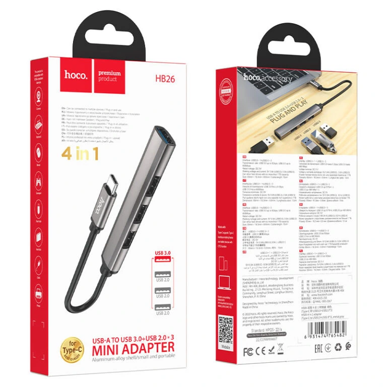 USB-хаб HOCO HB26 4 in 1 adapter(Type-C to USB3.0+USB2.0*3) Metal Gray — фото 5