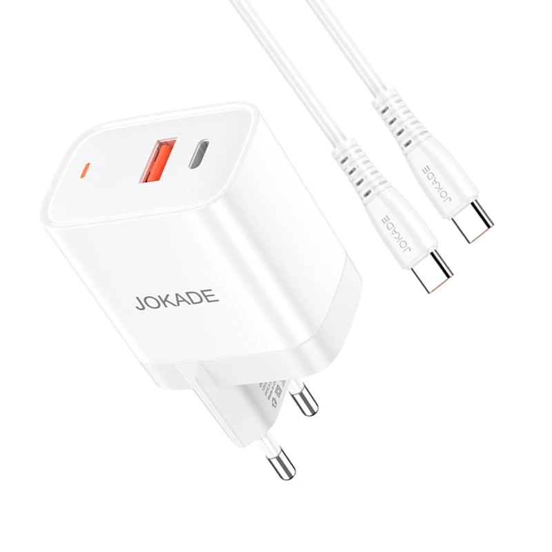 Мережевий зарядний пристрій Jokade JB082 (USB/USB-C/30W/QC3.0) + кабель Type-C – Type-C- білий