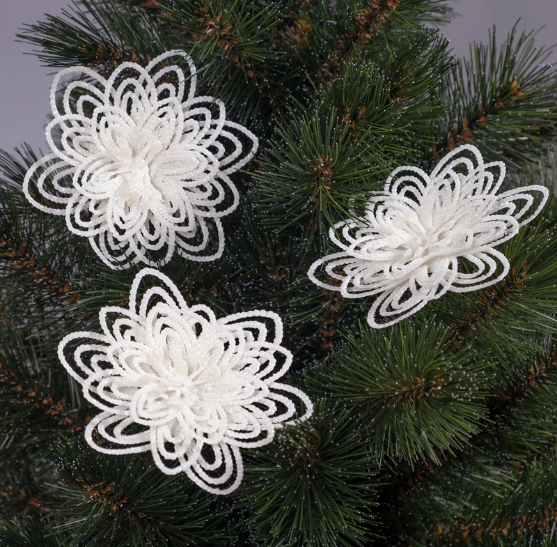 Квітка на кліпсі для новорічного декору, набір 3 шт Jumi, 10 см, білі 2558