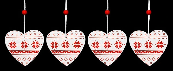 Набір новорічних прикрас 6,5 см, Серце, 4 шт, компл., дерево, колір білий з червоним