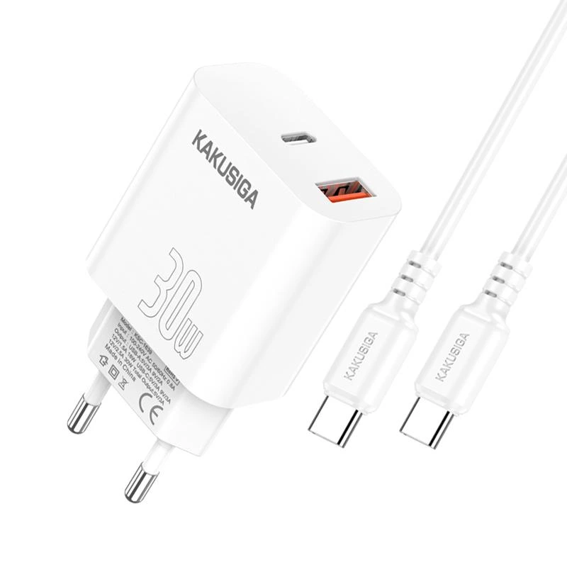 Зарядний пристрій Kakusiga KSC-1640 (1USB/USB-C/30W) + кабель Type-C - Type-C- білий