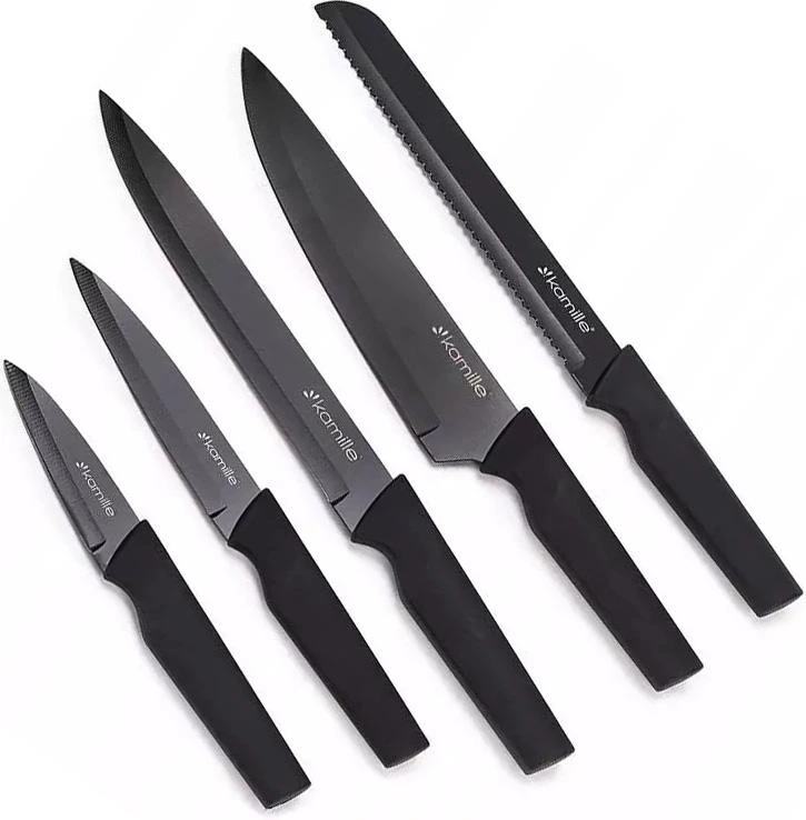 Набір 5 кухонних ножів Kamille Acacia Black з підставкою-колодою
