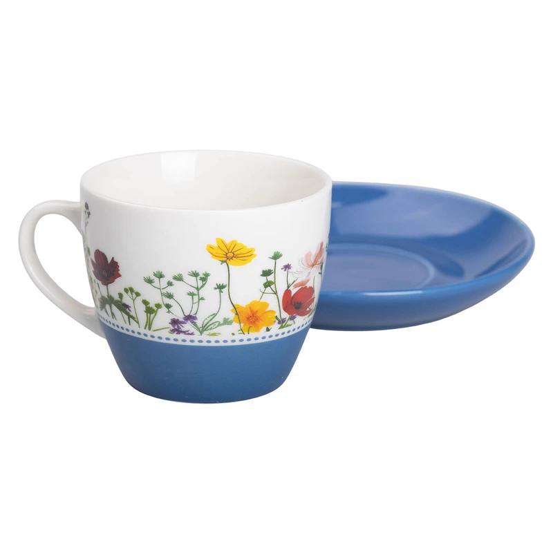 порцелянова чашка з блюдцем 250 мл з квітами Синя RX-N24723BL