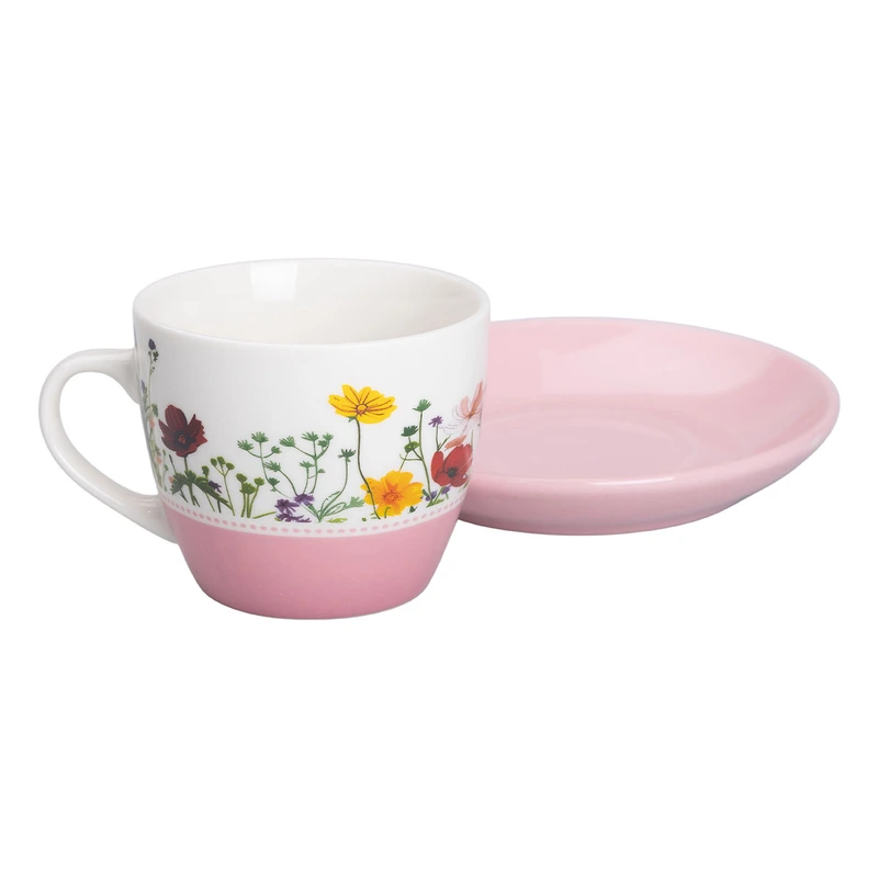 порцелянова чашка з блюдцем 250 мл з квітами Рожева RX-N24723P