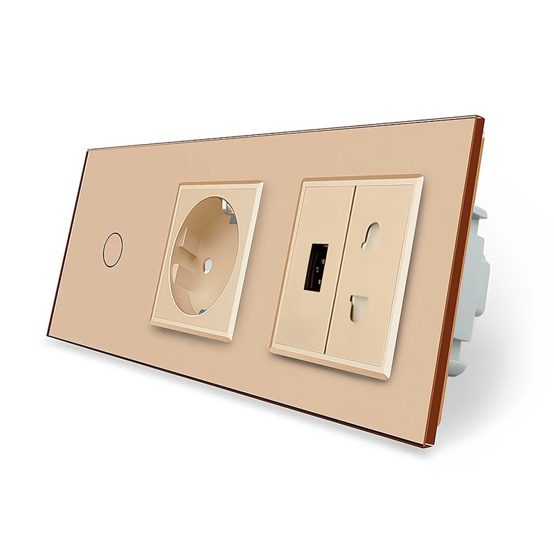 Сенсорний прохідний/перехресний вимикач 1 сенсор 1 розетка 1 USB 1 розетка універсальна Livolo золотий скло (VL-C701SC1EU1USBC1A-13)