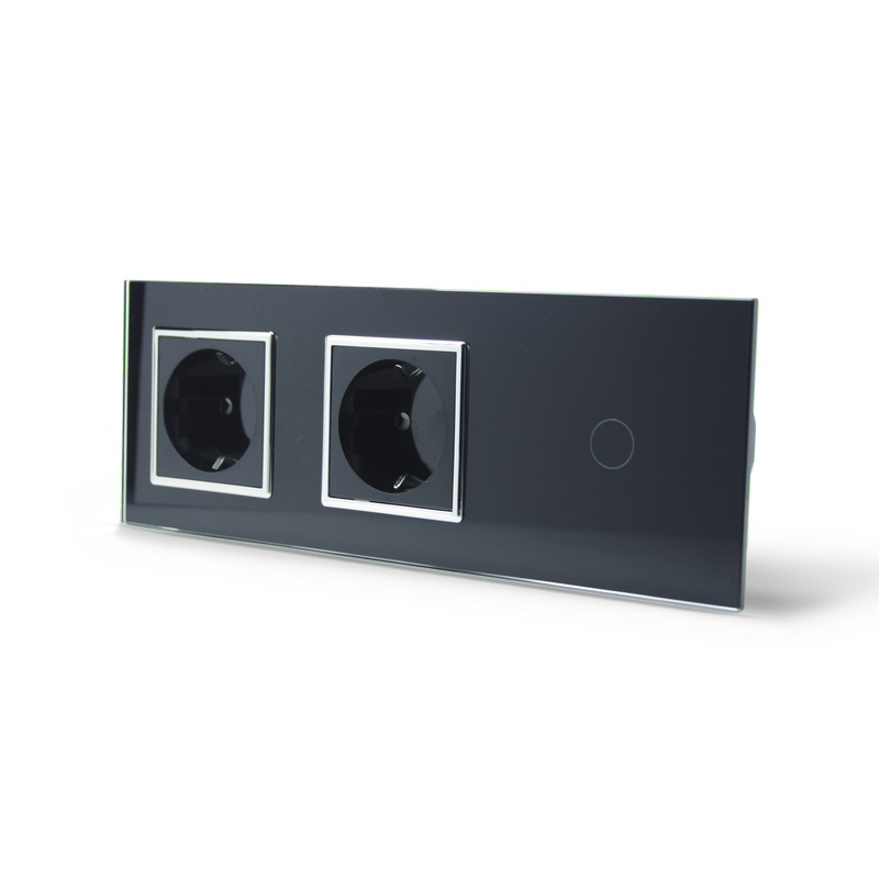 Сенсорний вимикач 1 сенсор 2 розетки Livolo чорний хром скло (VL-C701/C7C2EU-12C)