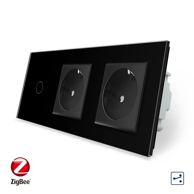 Розумний сенсорний прохідний/перехресний вимикач 1 сенсор 2 розетки Livolo чорний скло (VL-C701SZ/C7C2EU-12)