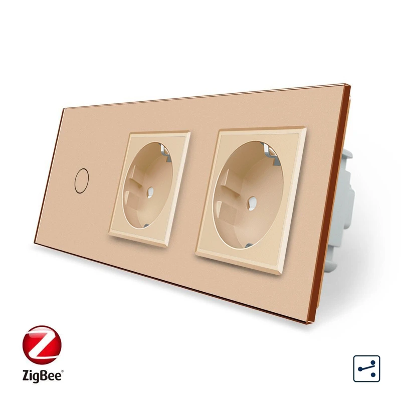 Розумний сенсорний прохідний/перехресний вимикач 1 сенсор 2 розетки Livolo золотий скло (VL-C701SZ/C7C2EU-13)