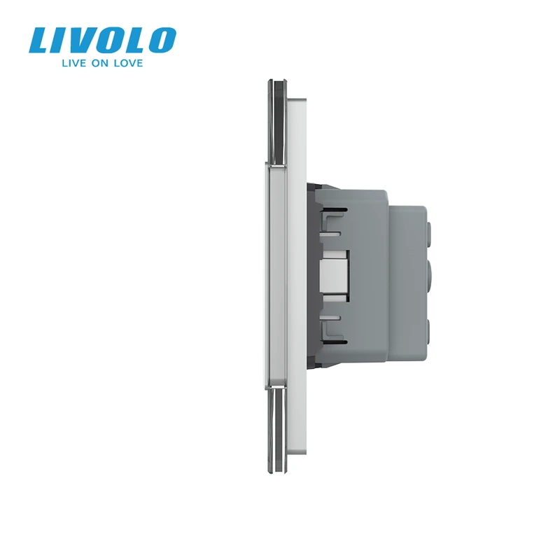 Сенсорний прохідний/перехресний вимикач 2 сенсора (1-1) 1 розетка LIVOLO сірий матове скло