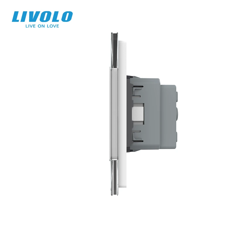 Сенсорний прохідний/перехресний вимикач 2 сенсора (1-1) 1 розетка LIVOLO білий матове скло