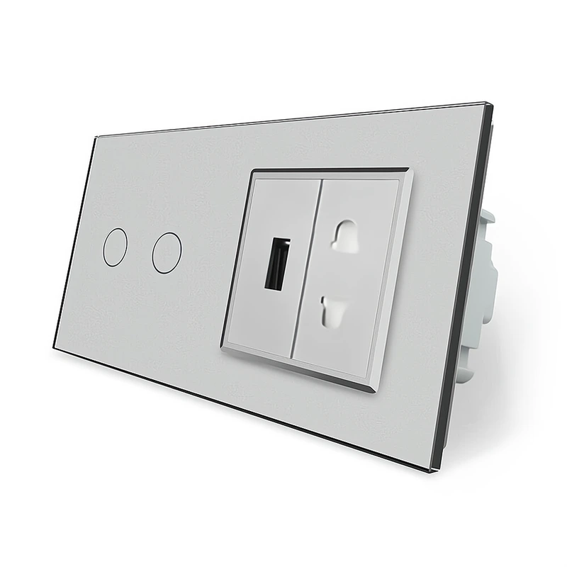 Сенсорний прохідний/перехресний вимикач 2 сенсора 1 розетка 1 USB Livolo сірий скло (VL-C702S/C7USBC1A-15)