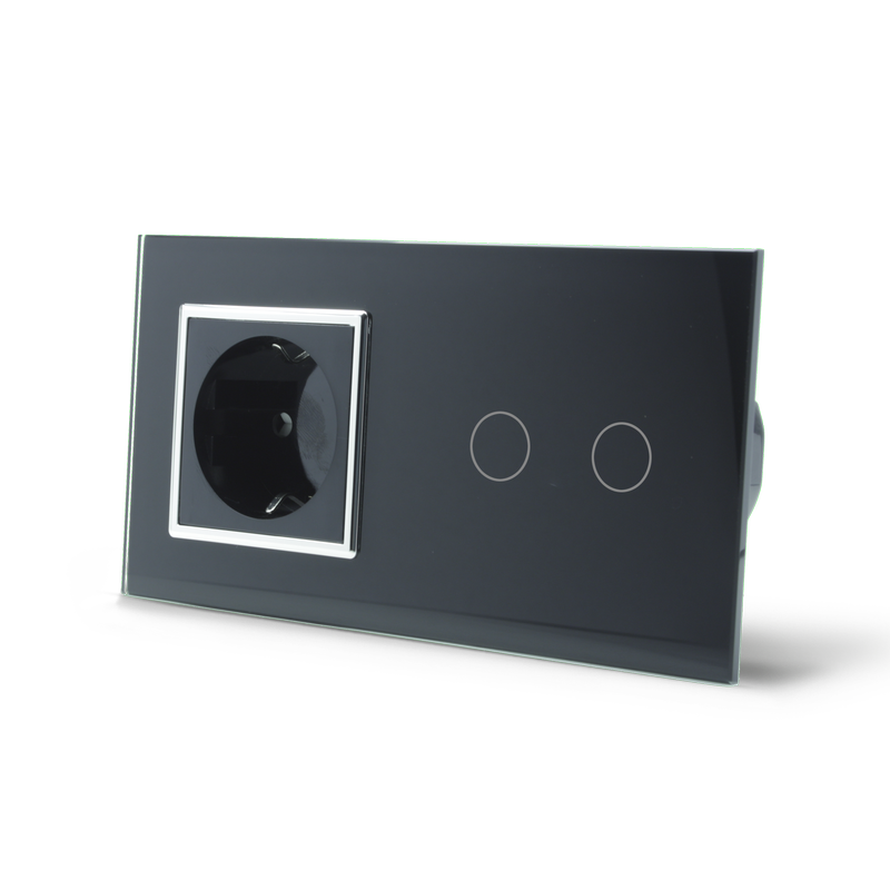 Сенсорний вимикач 2 сенсора 1 розетка Livolo чорний хром скло (VL-C702/C7C1EU-12C)