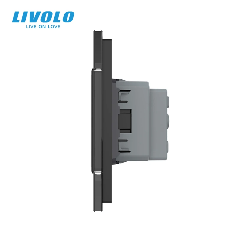 Сенсорний прохідний/перехресний вимикач 2 сенсора 1 розетка LIVOLO чорний матове скло