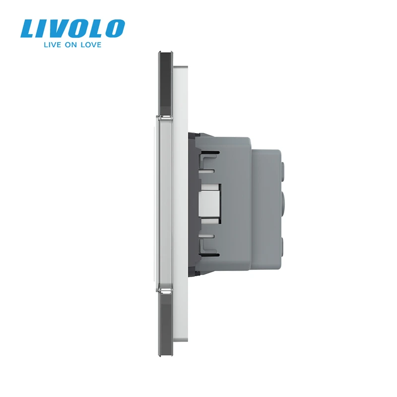 Сенсорний прохідний/перехресний вимикач 2 сенсора 1 розетка LIVOLO сірий матове скло