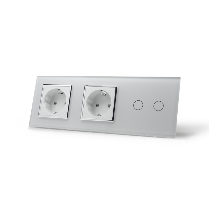 Сенсорний вимикач 2 сенсора 2 розетки Livolo білий хром скло (VL-C702/C7C2EU-11C)