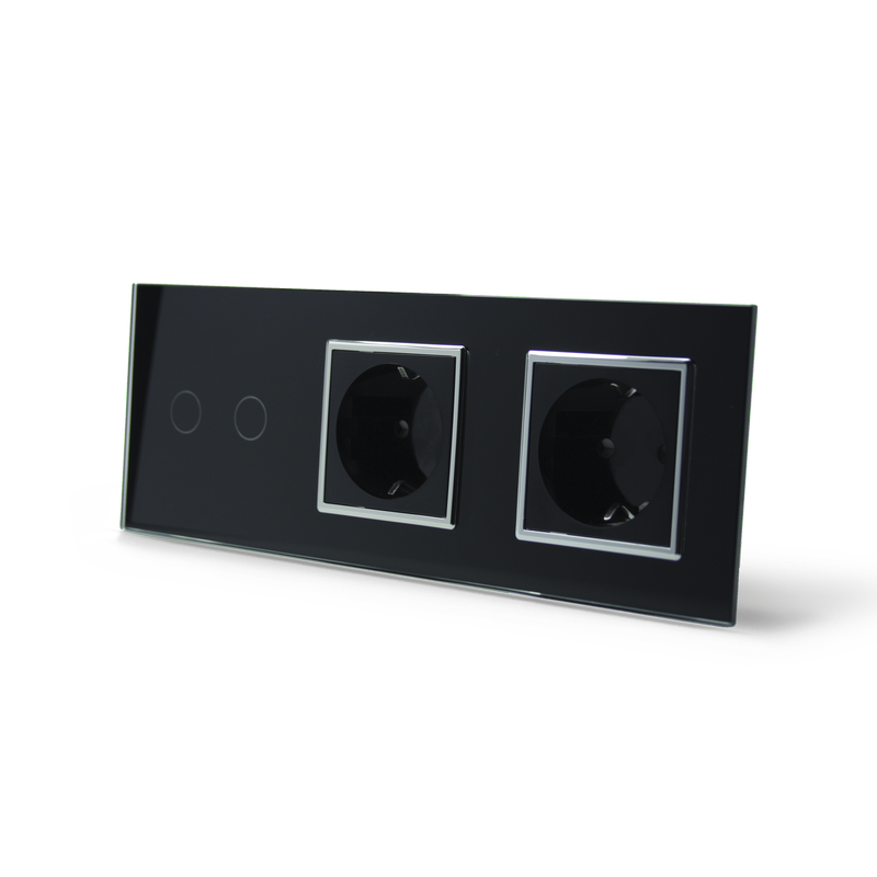 Сенсорний вимикач 2 сенсора 2 розетки Livolo чорний хром скло (VL-C702/C7C2EU-12C)