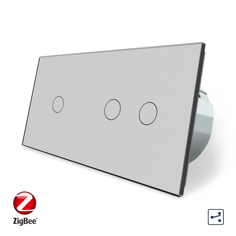 Розумний сенсорний прохідний/перехресний вимикач 3 сенсора (1-2) Livolo сірий скло (VL-C701SZ/C702SZ-15)