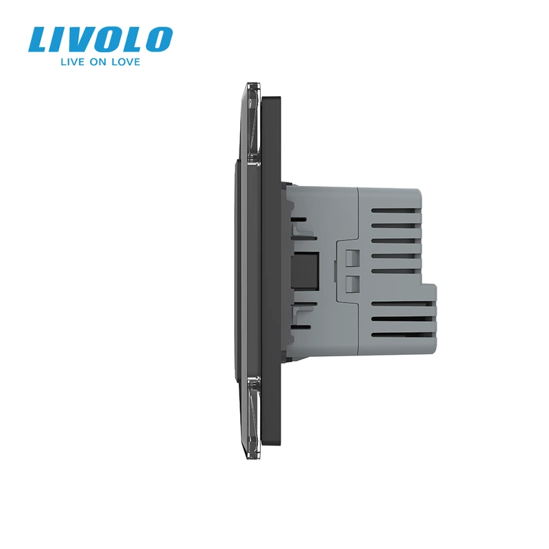 Двоклавішний перехресний вимикач LIVOLO з розеткою та USB Type-C 18Вт, чорний 2.5D, скло, заземлення