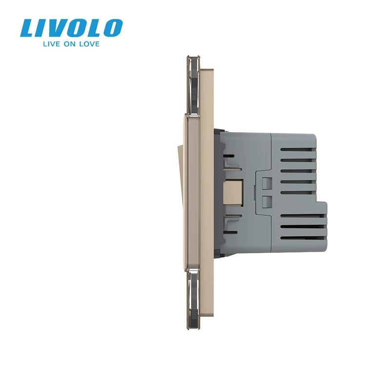Двоклавішний перехресний вимикач LIVOLO з розеткою та USB Type-C 18Вт, золото, скло, заземлення