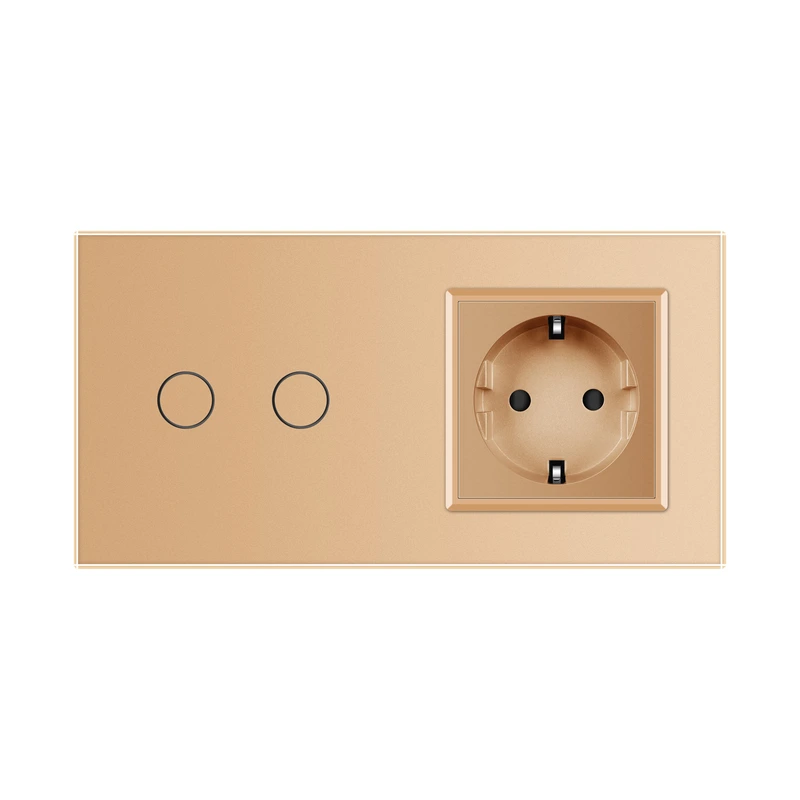 Розумний сенсорний EC вимикач 2 сенсора 1 розетка Livolo золото скло (VL-M7FC2Z2/FCTC16A-2AP