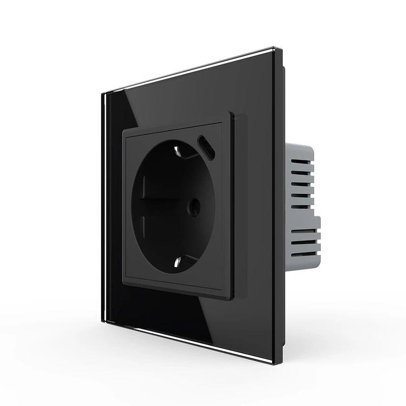 Електрична розетка з USB Type-C 18Вт для зарядки, з заземленням, LIVOLO, чорна, скляна рамка, 250В 16А (VL-C7CTF16A.UC18W-2BP)