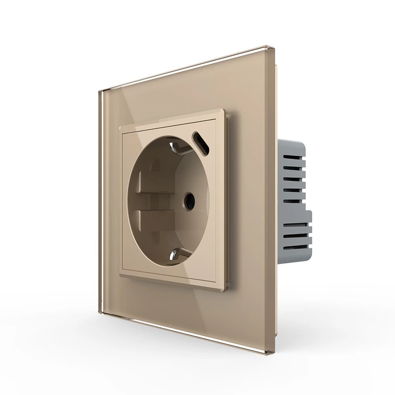 Електрична розетка з USB Type-C 18Вт для зарядки, з заземленням, LIVOLO, золота, скляна 2.5D рамка, 250В 16А
