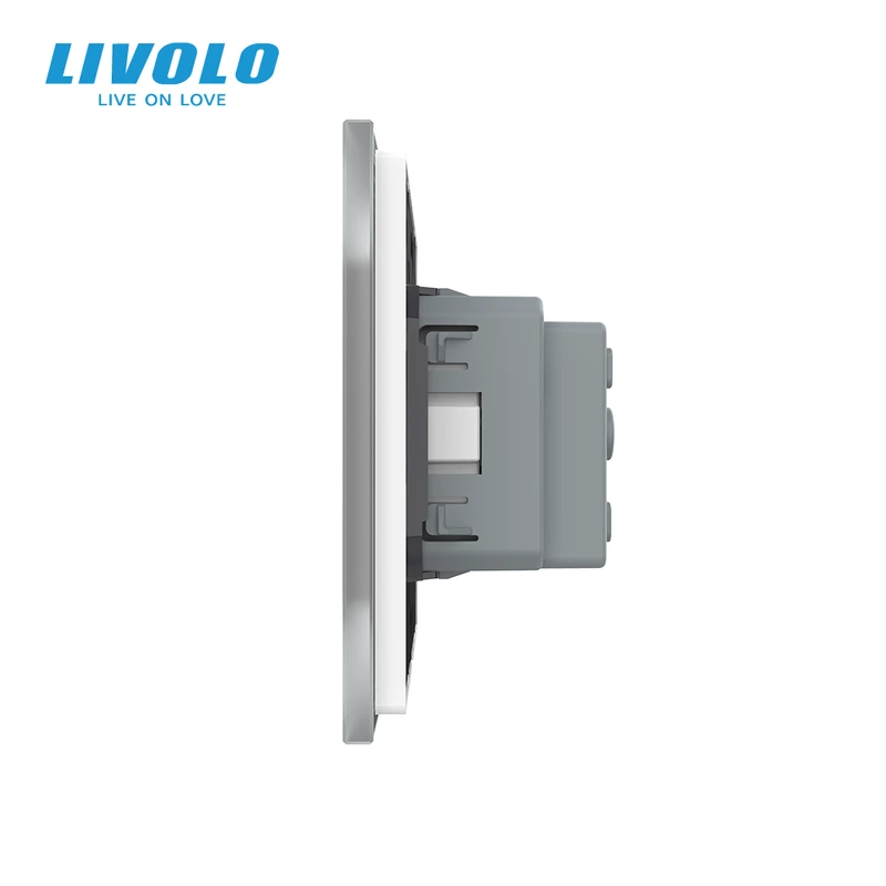 Електрична розетка з заземленням LIVOLO, біла, скляна матова рамка, шторки, 250В 16А