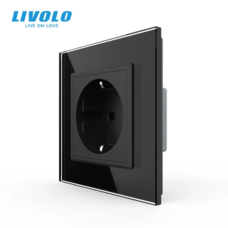 Електрична розетка з заземленням LIVOLO, чорна, скляна 2.5D рамка, шторки, 250В 16А