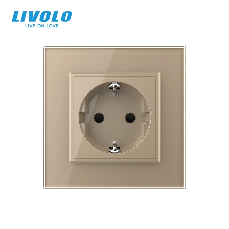 Електрична розетка з заземленням LIVOLO, золота, скляна 2.5D рамка, шторки, 250В 16А