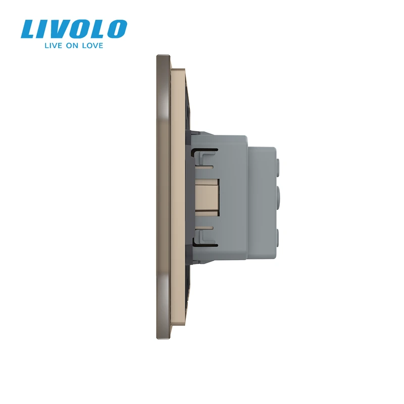 Електрична розетка з заземленням LIVOLO, золота, скляна матова рамка, шторки, 250В 16А