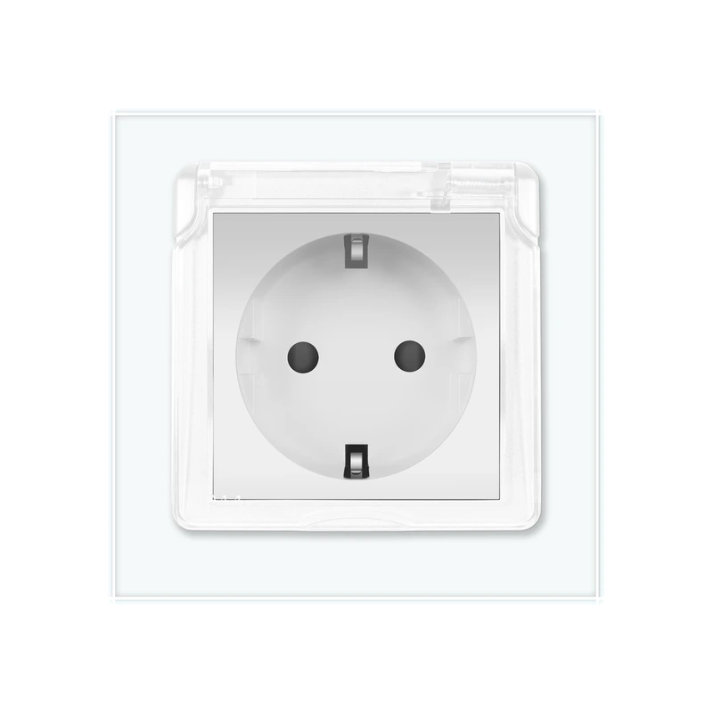 Електрична розетка вологозахисна з кришкою IP44 з заземленням, LIVOLO, біла, скляна рамка, шторки, 250В 16А (VL-C7C1EUWF-11)