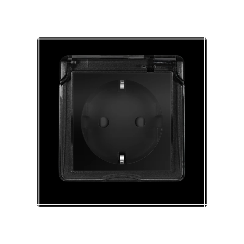 Електрична розетка вологозахисна з кришкою IP44 з заземленням, LIVOLO, чорна, скляна рамка, шторки, 250В 16А (VL-C7C1EUWF-12)