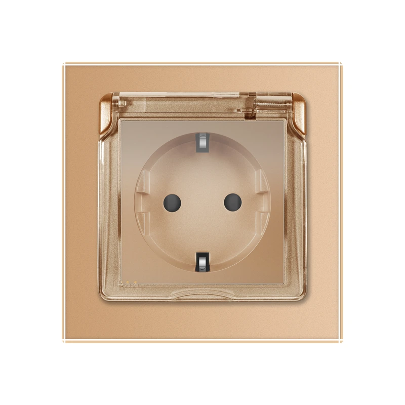 Електрична розетка вологозахисна з кришкою IP44 з заземленням, LIVOLO, золота, скляна рамка, шторки, 250В 16А (VL-C7C1EUWF-13)