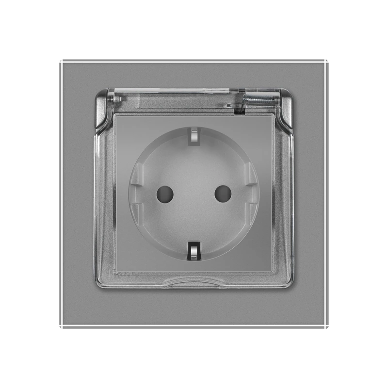 Електрична розетка вологозахисна з кришкою IP44 з заземленням, LIVOLO, сіра, скляна рамка, шторки, 250В 16А (VL-C7C1EUWF-15)