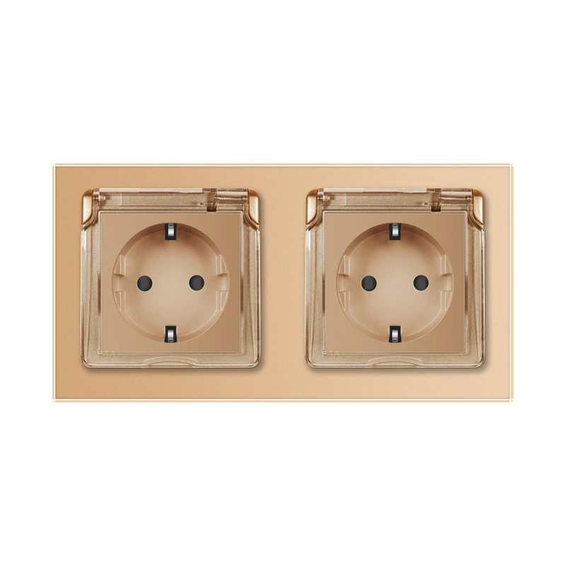 Подвійна електрична розетка вологозахисна з кришкою IP44 з заземленням, LIVOLO, золота, скляна рамка, шторки, 250В 16А (VL-C7C2EUWF-13)